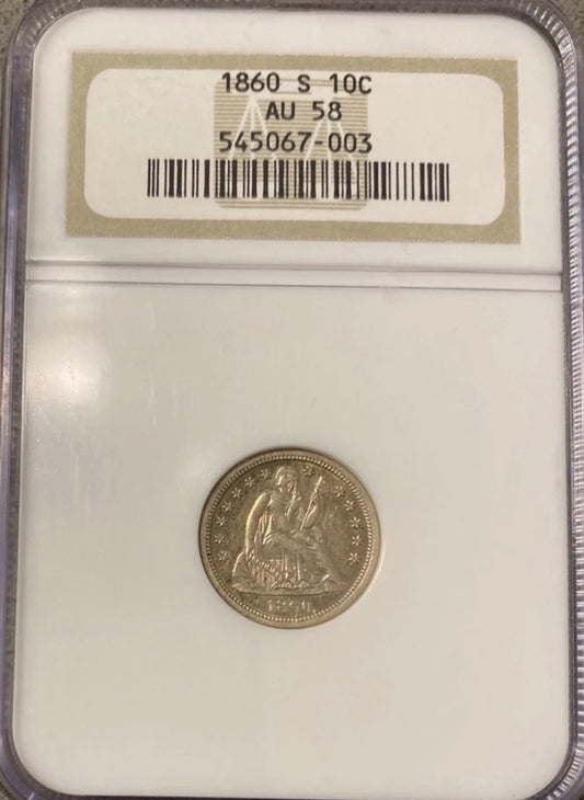 1860-S Seated Liberty Dime - NGC AU58
