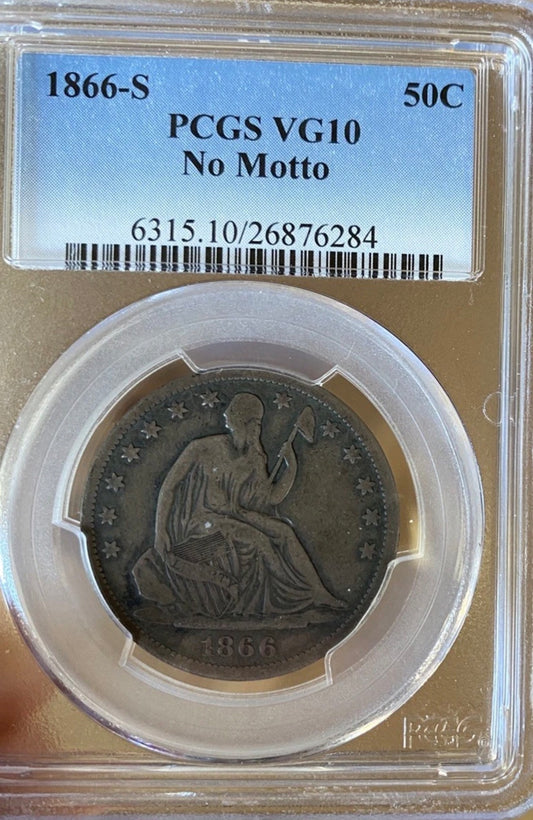 1866-S Seated Liberty Half Dollar, No Motto - PCGS VG10